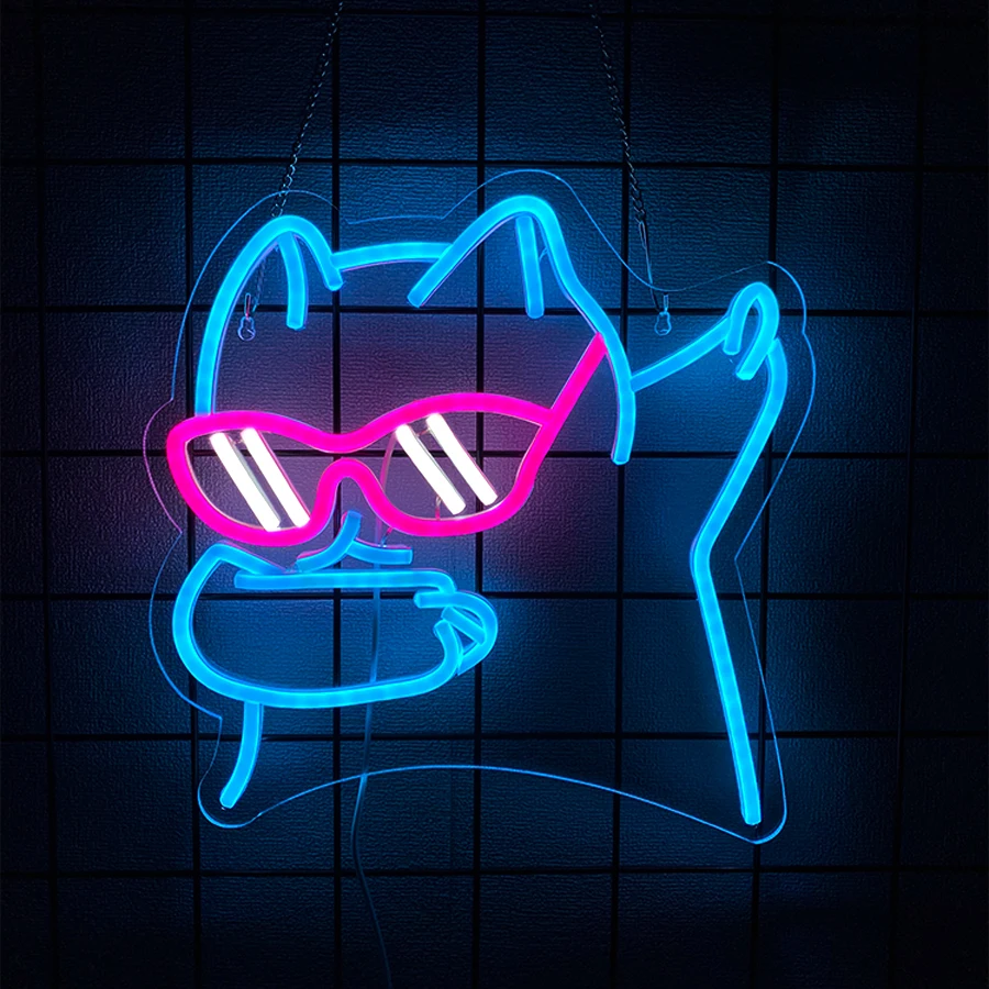 Blue Pink Cat Neon Sign for Wall Decor, Cool Cat with Sunglasses Neon Light, LED Signs for Bedroom Bar Party Game Room Wall Art