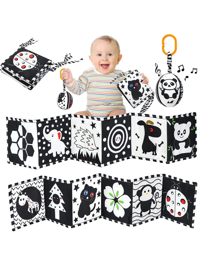 Livro de pano sensorial brinquedos do bebê 0 12 meses cama recém-nascido berço pára-choques preto e