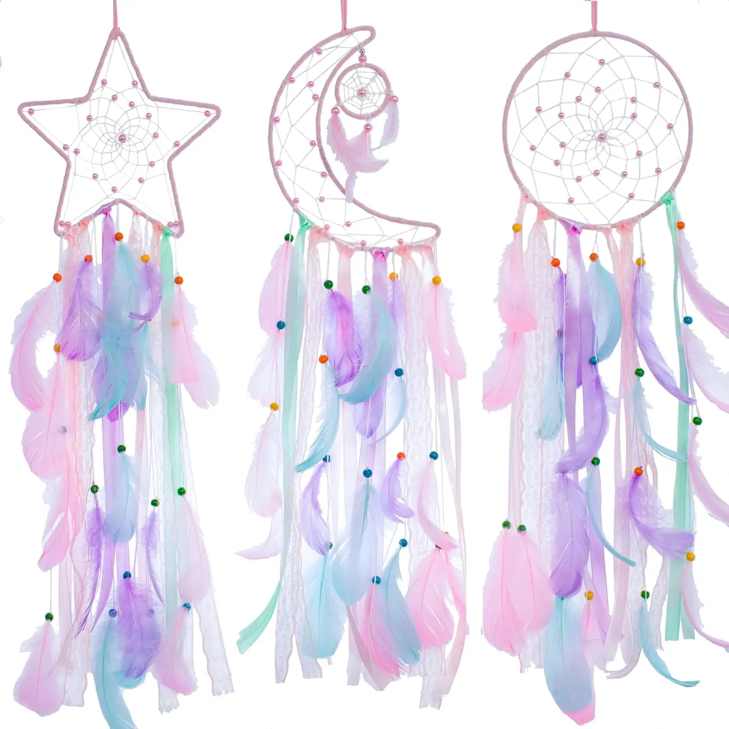 3 Pack Pink Star Moon Sun Dream Catcher - Dream Catchers for Girls,Girls Room Decor, Grils Bedroom Decoration