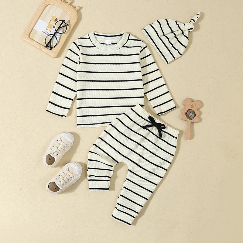 Baby Fall Outfits Stripe Print Long Sleeve Sweatshirt with Long Pants and Hat 3Pcs Set image 3