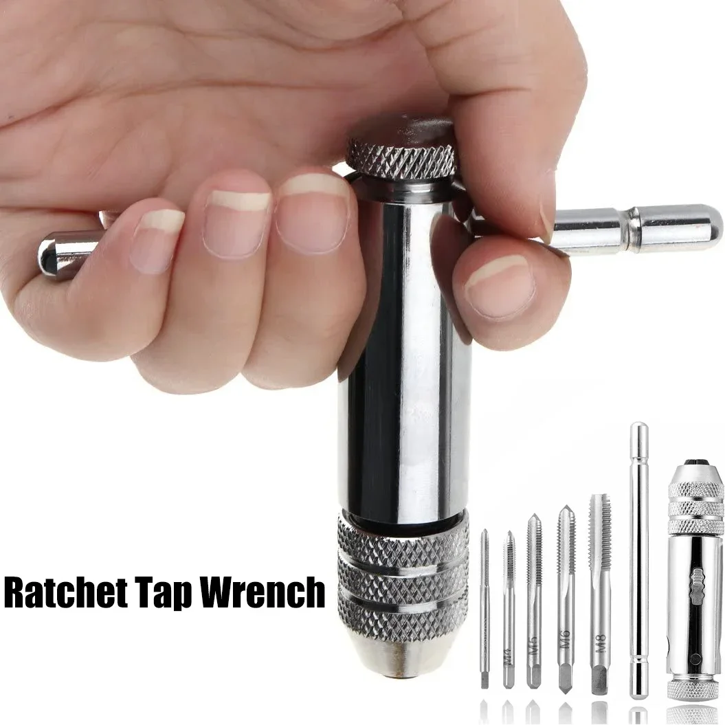 Adjustable Silver T-Handle Ratchet Tap Holder Wrench for M3-M8 3mm-8mm Machine Screw Thread Metric Plug T-shaped Tap Twist Bit