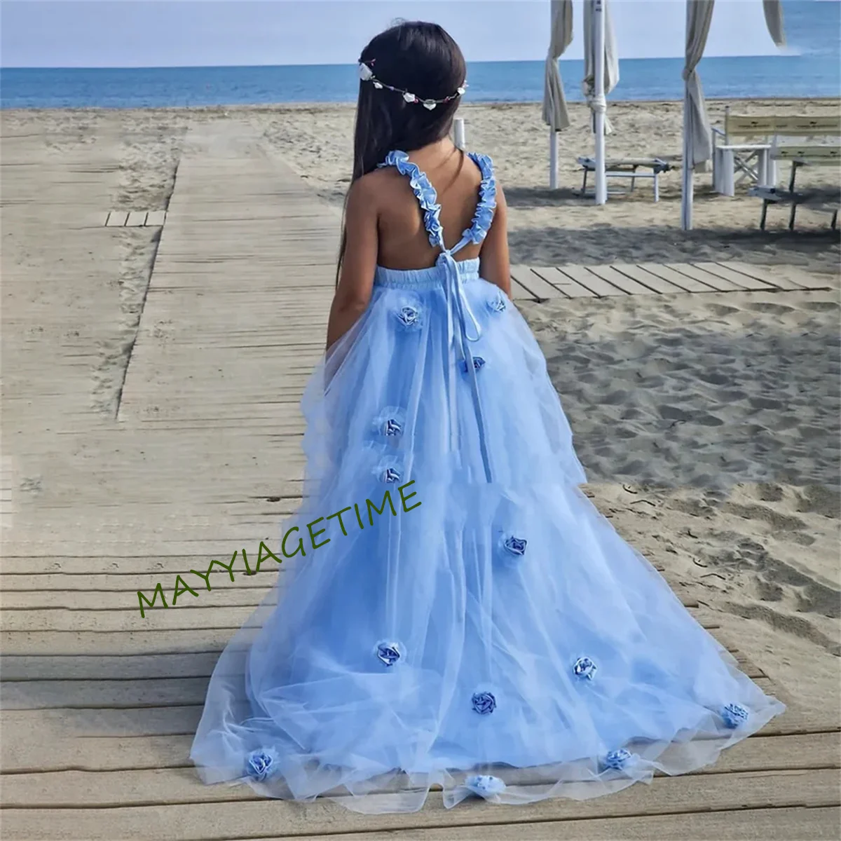 Flower Girl Dresses 2023 Sky Blue Girls Cute Lace Dresses Formal Princess Gowns For Wedding Party Tulle Junior Bridesmaid Dress