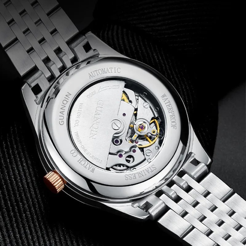 GUANQIN Brand Business Mechanical watch for men Stainless steel Waterproof Automatic Man watch Luminous Week Calendar Type Watch