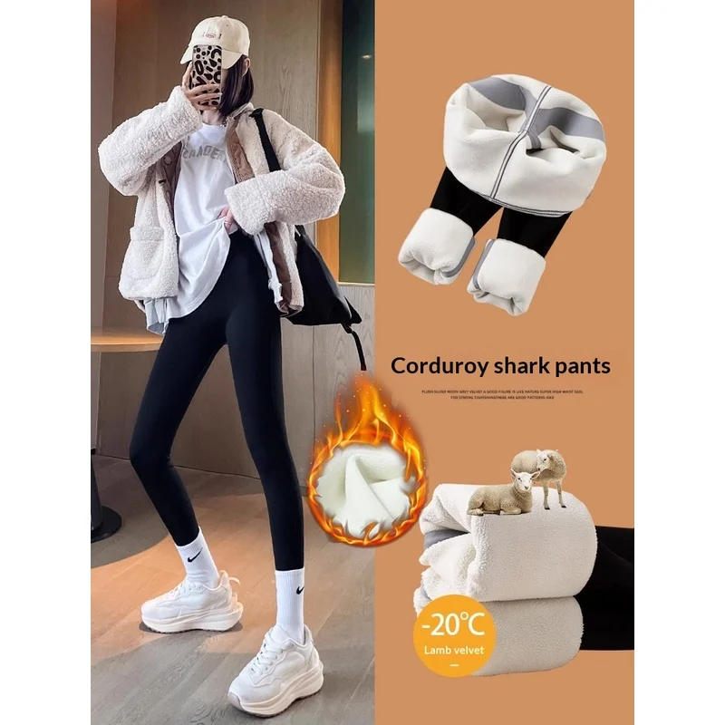 Women 2026 New Fleece Lined Shark Leggings Autumn Winter Thick Warm Cotton Yoga Tight Trousers Outer Wear Pants