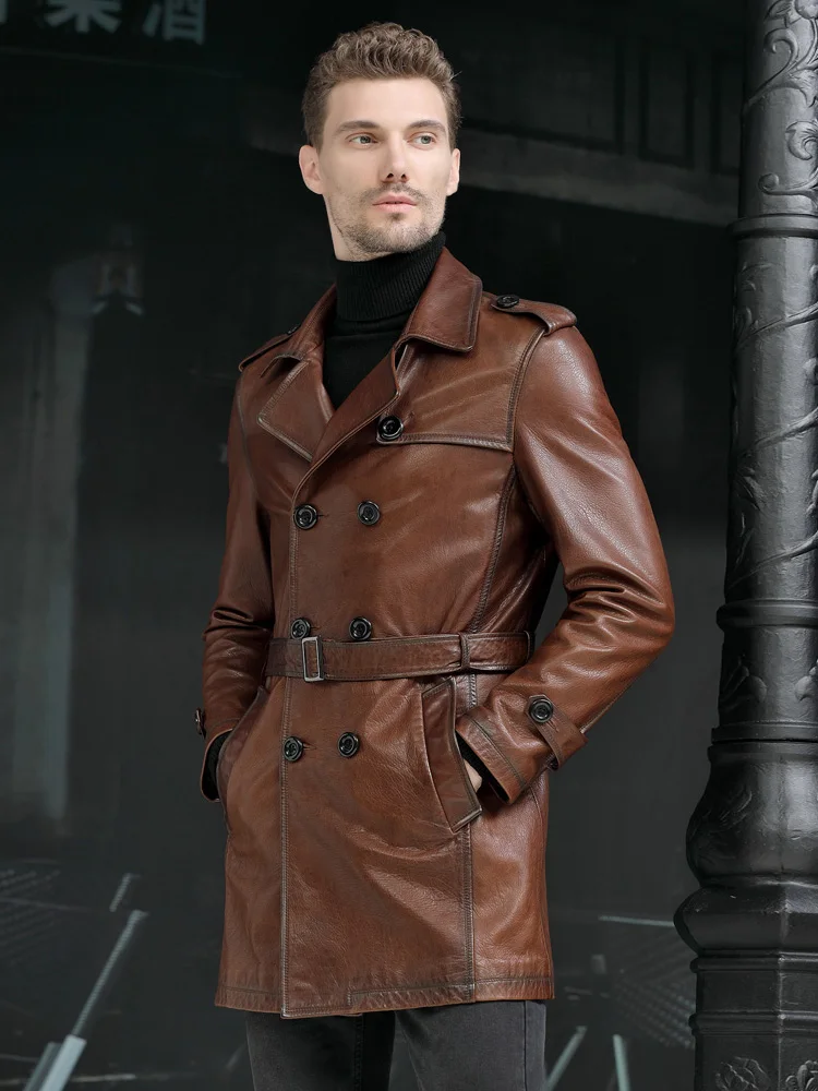 Oil Wax Brown Sheepskin Long Premium Coat Men\'s Autumn and Winter New Double Breasted Genuine Leather Windbreaker Jacket Men 6XL