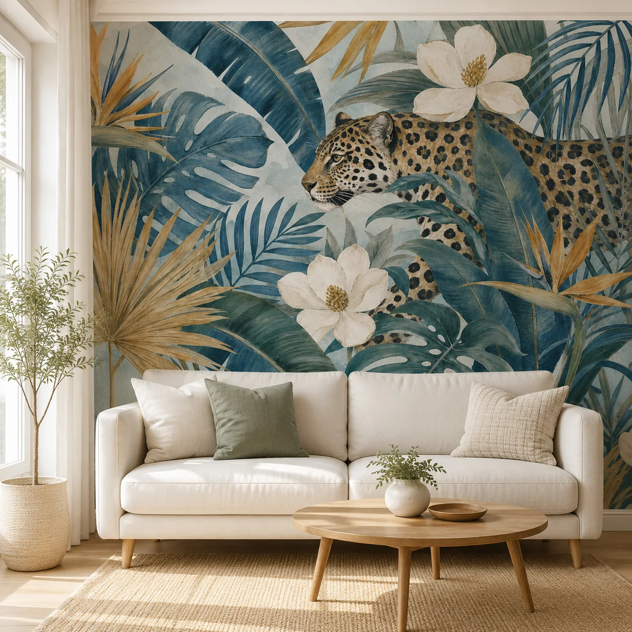 Tropical Leopard Wallpaper Mural Blue Jungle Leaves Floral Wall Art for Bedroom Living Room Non Self Adhesive Glue Required