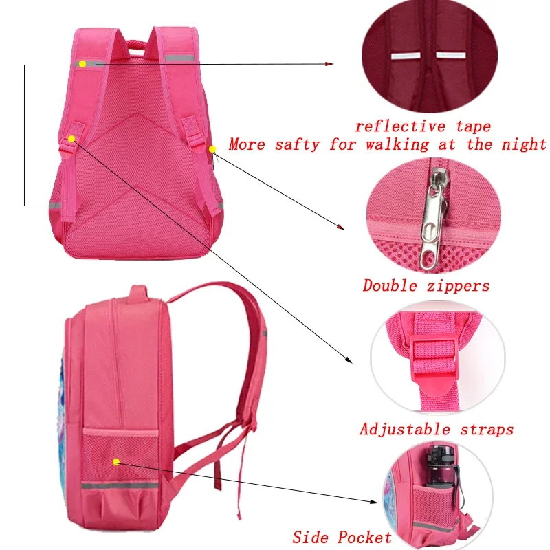 Mochila escolar para meninas La-bu-bu com bolso duplo com zíper, bolsas escolares rosa de desenho animado, bolsas infantis duráveis de 16 polegadas para estudantes de alunos