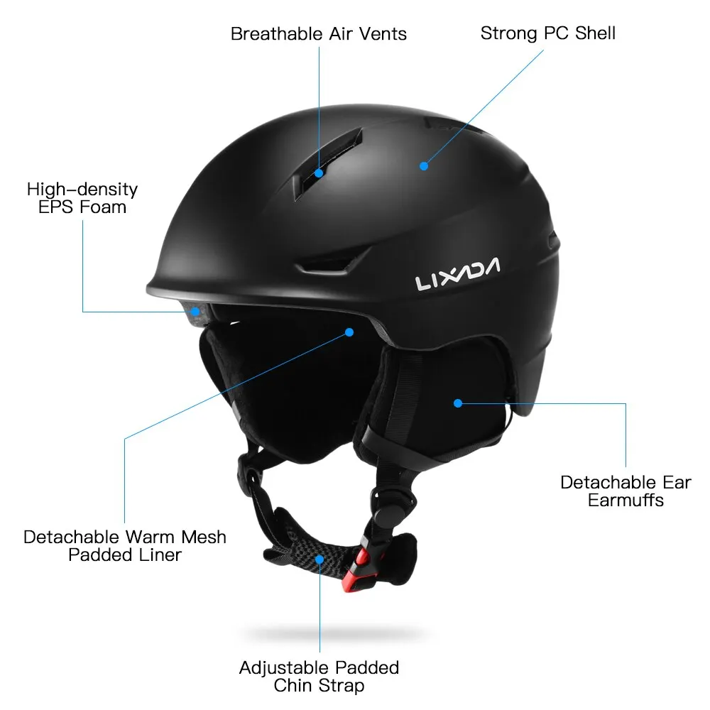 Lixada Snowboard Helmet with Detachable Earmuff Men Women Safety Skiing Helmet with Goggle Fixed Strap Professional Skiing Snow