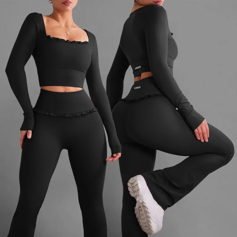 YTYINYoke Custom Yoga Set Women's Ballet Inspired Ruffled Long Sleeve Butt Lifting Leggings Comfortable Soft Gym Running Activew