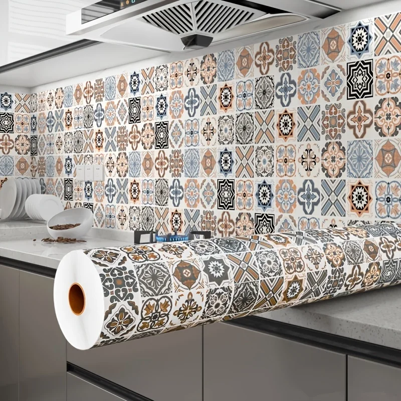 3D Vinyl Peel and Stick Wallpaper Oil Proof Waterproof Removable, Ceramic Tile Geometric Pattern Wall Sticker for Kitchen Decor