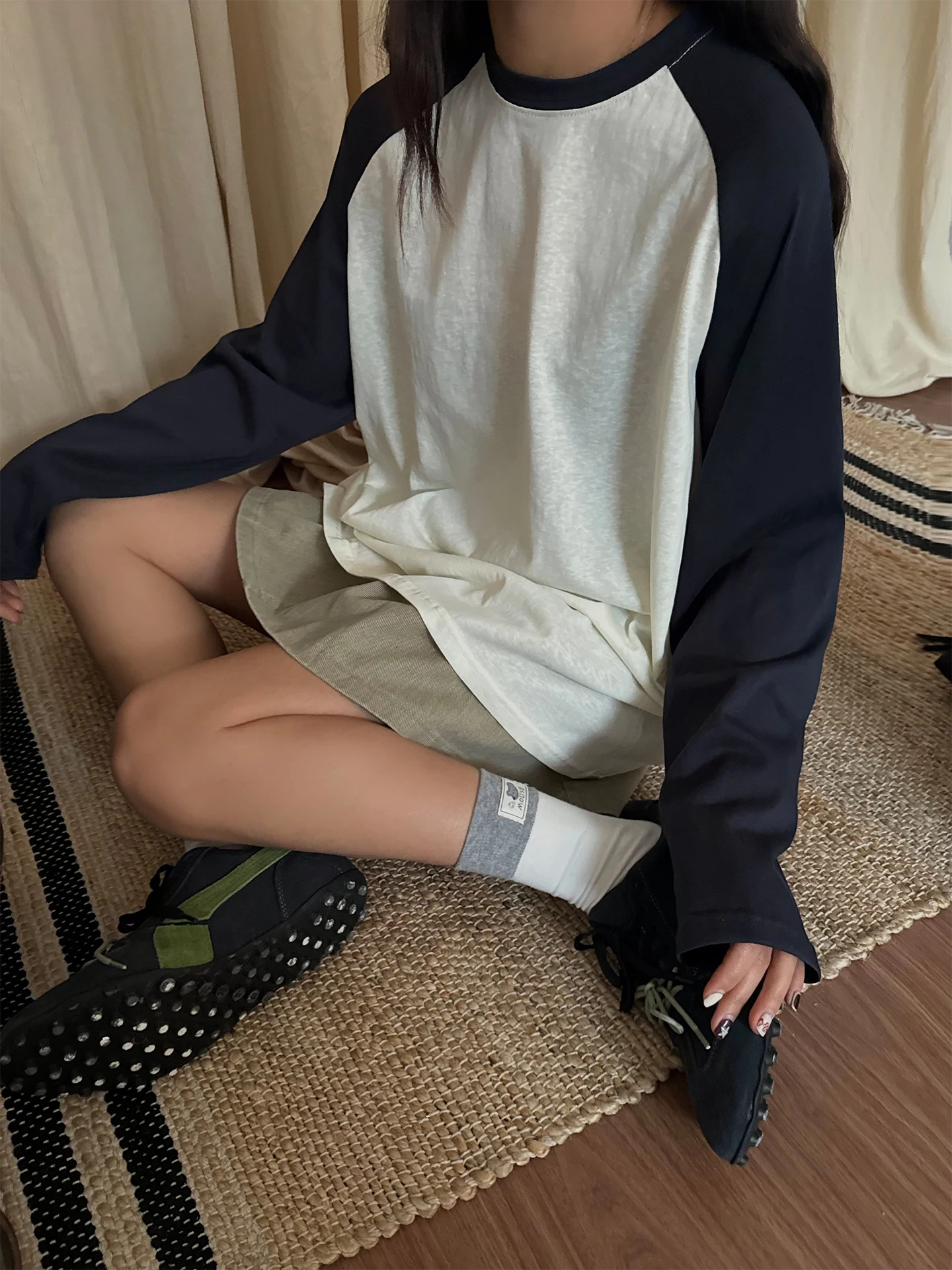 

Loose Fit Long Sleeve T-Shirt Women's Base Layer Shirt Shoulder Insertion Color Block Cotton Casual Style Spring Autumn