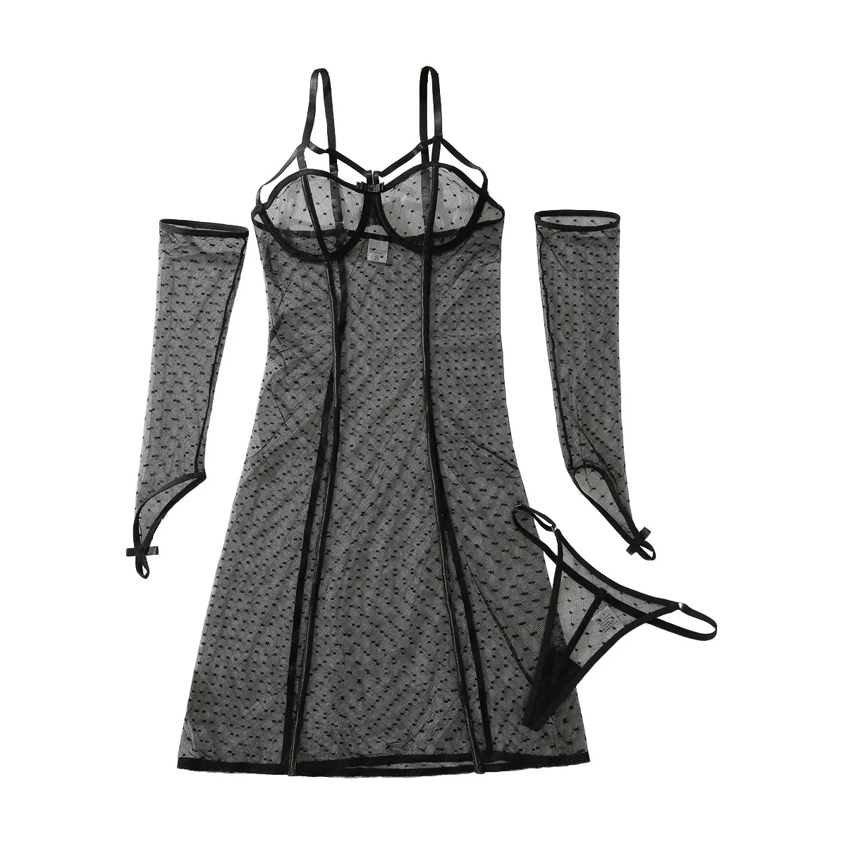 

New Fashion Women's Bow Decor Perspective Dot Mesh Exotic Dress Female Jumpsuit with Body Shaping Sexy Three Piece Lingerie Set