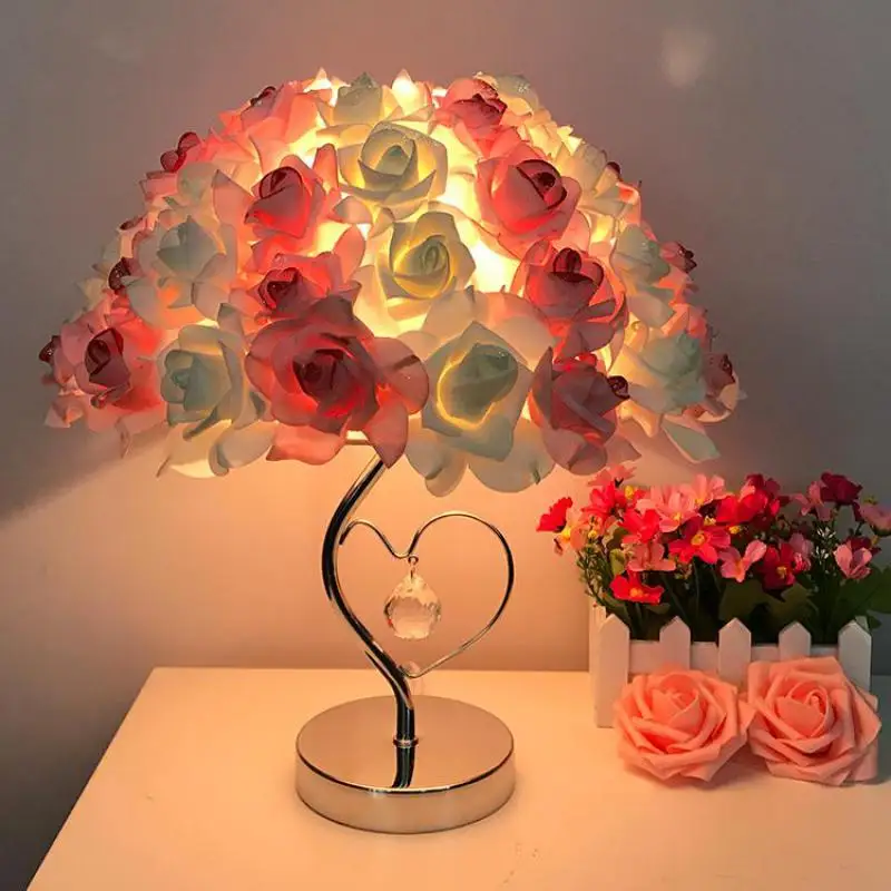 

Creative Wedding Crystal Table Lamp Room Red Dowry Bedside Led Desk Lamp European Rose Gift Lightings For Bedroom