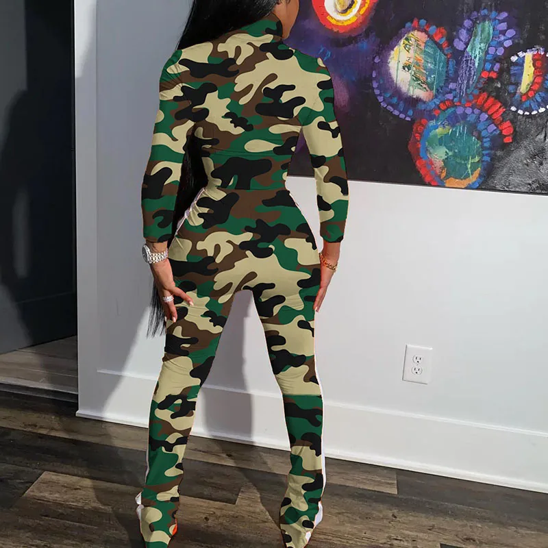 Autumn Camouflage Streetwear Casual 2 Piece Set Women Long Sleeve Zip Top and Pocket Pants Matching Sets Sporty Fitness Outfits