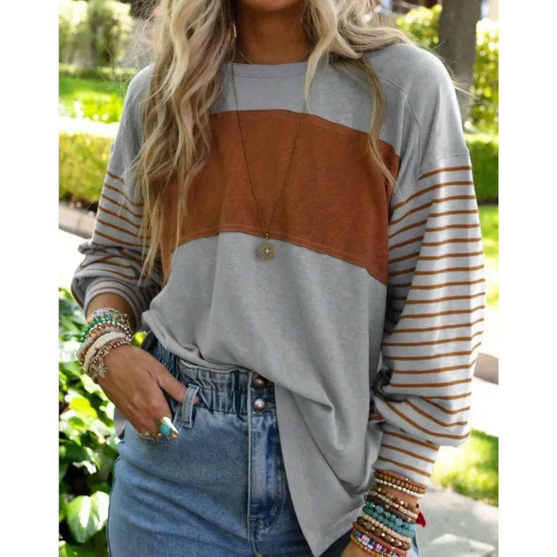 

Fall Long Sleeve contrast color Tops For Women Trendy Crew Neck Casual Splicing Color Block Womens Stripe Print Blouses Pullover