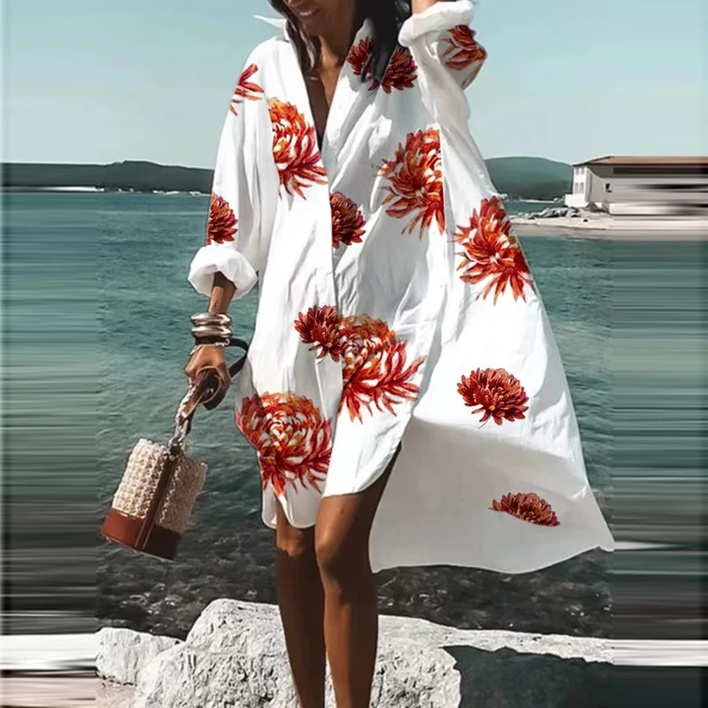 

Loose Casual Aesthetic Summer Dresses 2022 Sexy Beach Shirt Dress Floral Bohemian Long Sleeve Button Elegant Vestidos De Mujer
