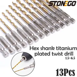 STONEGO 13pcs Hexagonal Shank Titanium Plated Twist Drill 1.5-6.5 High Speed Steel Hole Opener Wood Tin Reamer Drill Bit