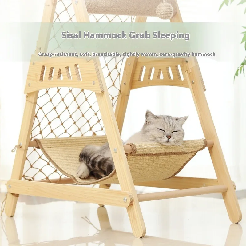 

Modern Solid Wood Cat Tree with Integrated Scratch Board Sisal Hammock Nest Wear-Resistant & No-Crumbs Cat Supplies