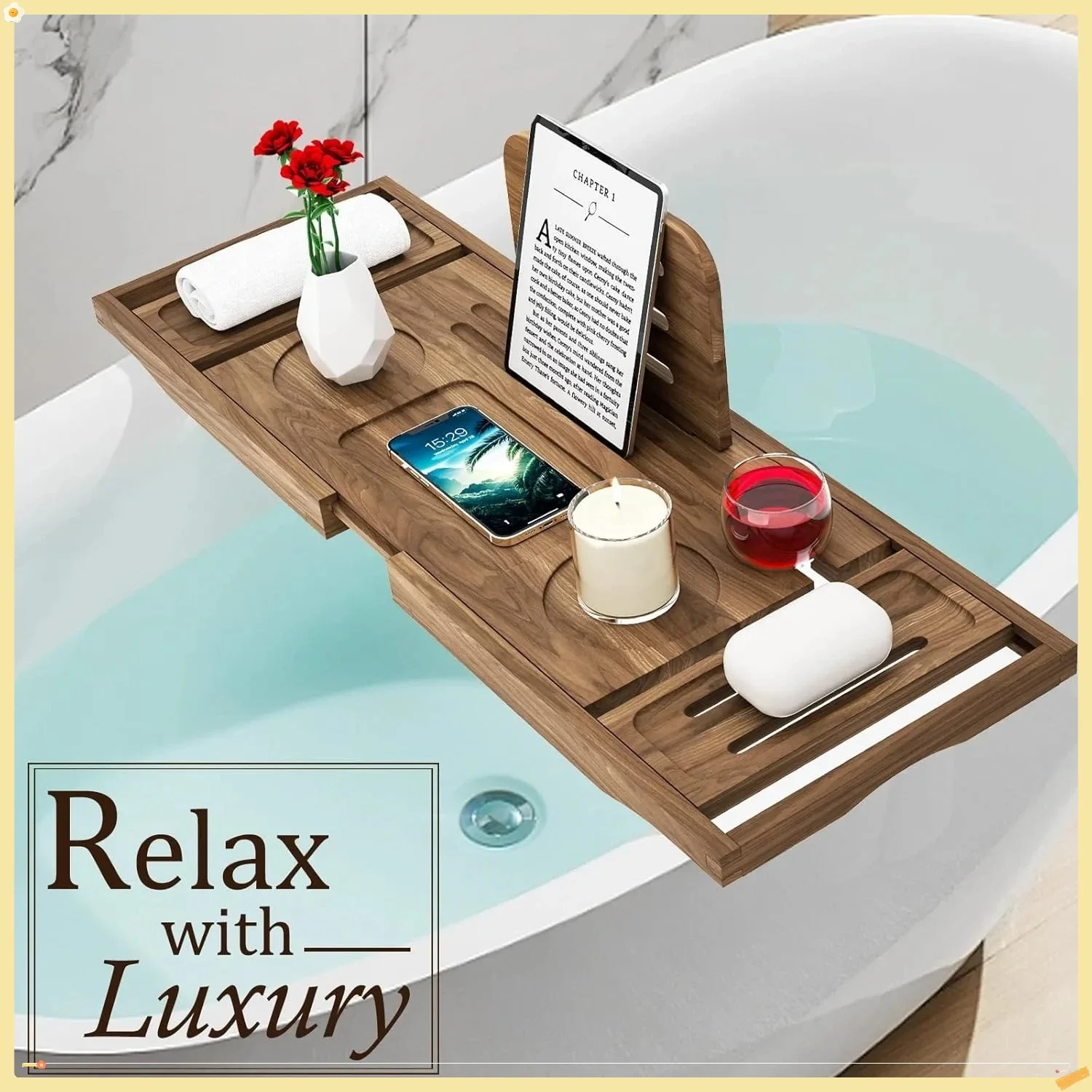 Caddy de bandeja de baño de teca expandible de primera calidad: organizador de bañera de lujo con soporte para vino para una experiencia relajante en spa