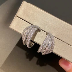 Huitan Gorgeous Hoop Earrings with Bright Zirconia Female Daily Party Jewelry Fashion Cross Line Design Ear Accessories for Wome