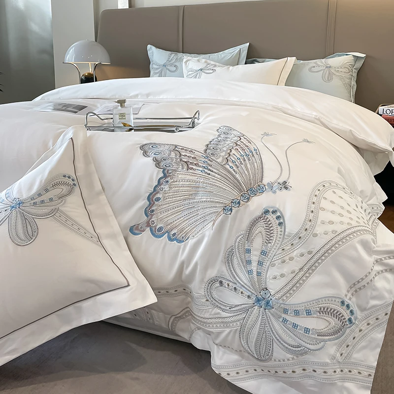 

GRADIENT White Luxury Butterfly Embroidery Bedding Set 100% Egyptian Cotton Duvet Cover Bed Sheet Fitted Sheet Pillowcases 4Pcs