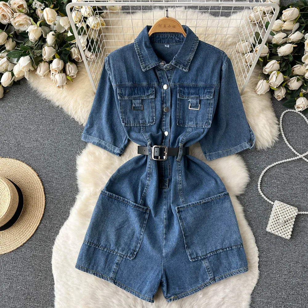 

ssTss Korean Fashion Women Denim Paysuits 2024 Summer Vintage Short Sleeve Buttons Belted Short Pants Casual Jeans Streetwear