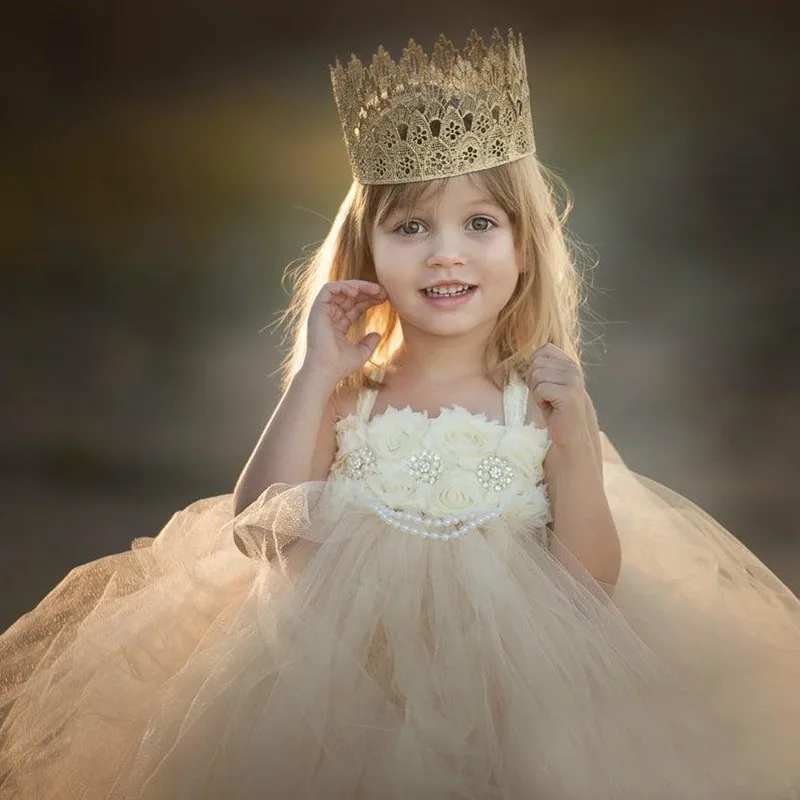 Exquisito vestido de flores de tren de barrido para niñas, línea A, escalonado, vestido de novia de princesa, mangas hinchadas, vestido de primera comunión