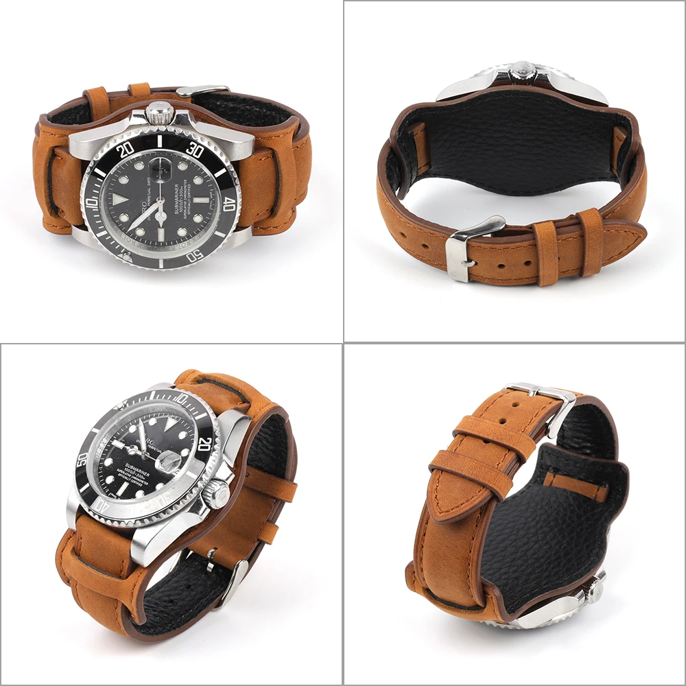 Vintage Leather Cuff Watch Strap Men Wristband with Mat Watchband Bracelet Handmade Fossil Watch Straps 18mm 19mm 20mm 21mm 22mm