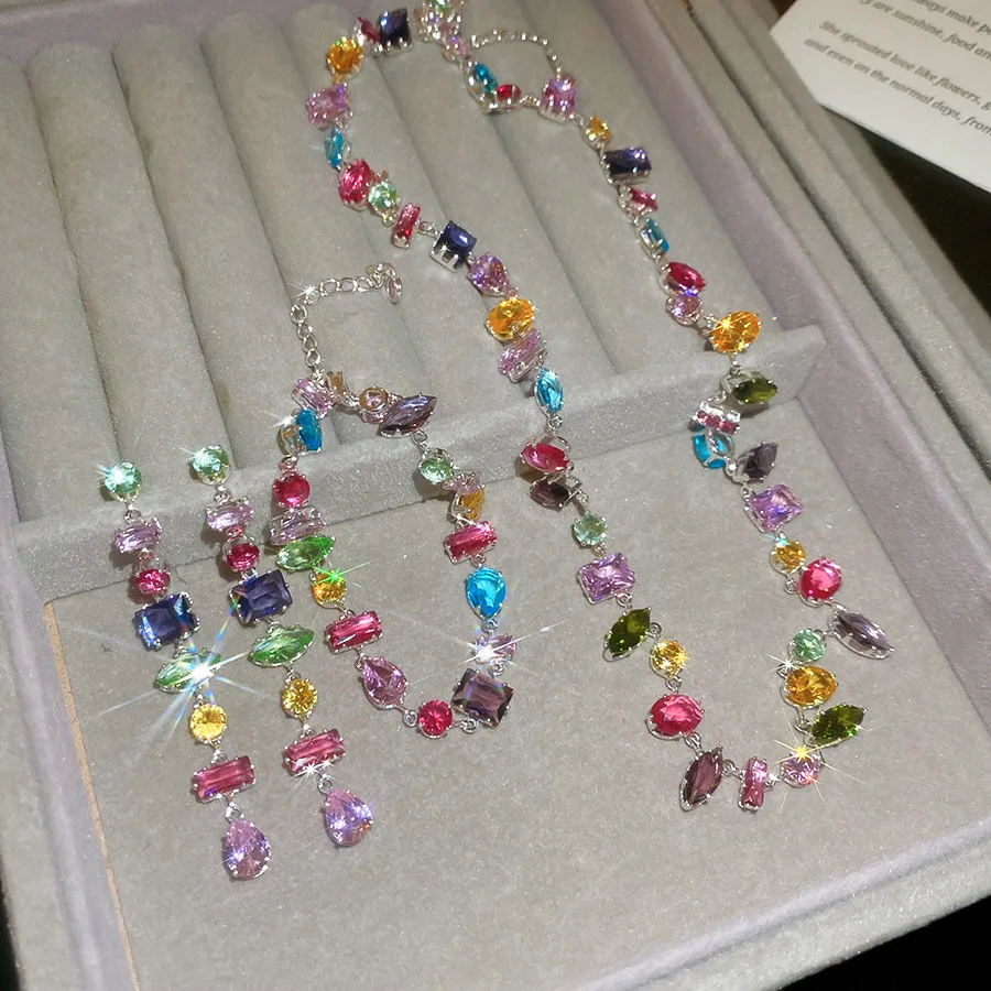 Nuevo Collar y Pulsera de Cristal Colorido para Mujer, Elegante Cadena para Clavícula, Collar Irregular de Circonita, Conjuntos de Joyería para Fiesta, Regalos