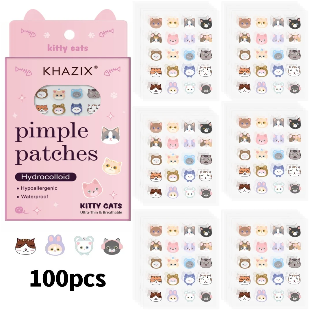 100 pieces of cat cartoon facial acne patches, covering acne marks, pink, invisible blemishes, thin, skincare.