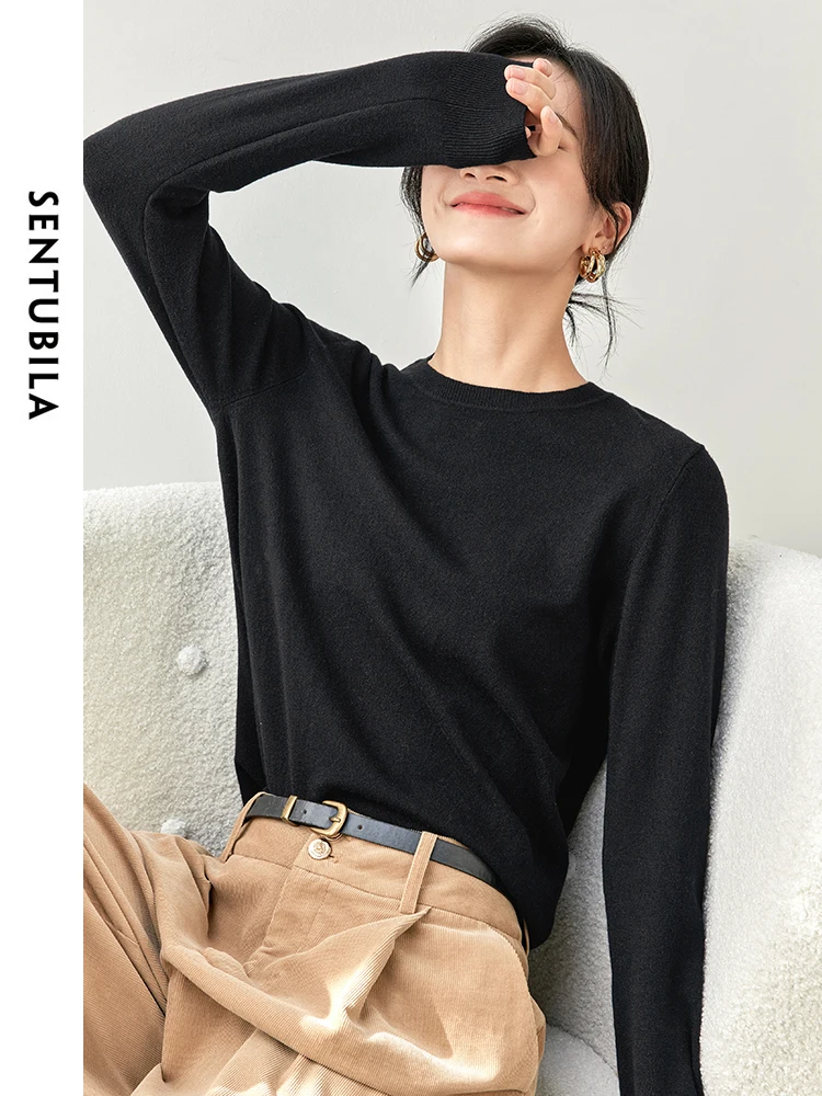 SENTUBILA Comfort Knitted Pullover for Women 2024 Autumn Commute Round Collar Long Sleeve Solid Basic Knitwear W43H56574