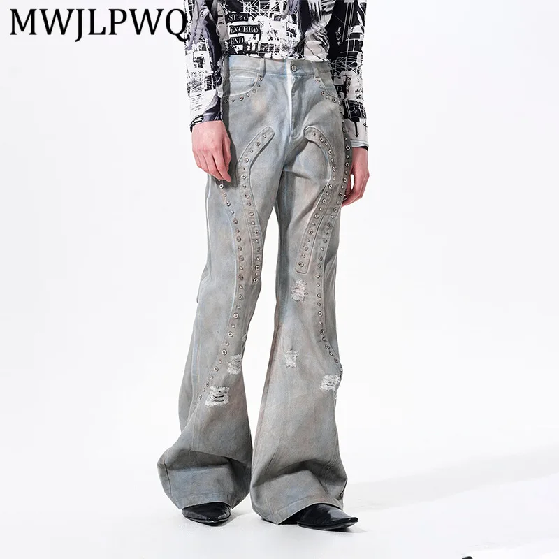 

MWJLPWQ Tie-Dye Washed Men's Flared Jeans Deconstructed Design Distressed Deign High Street Trendy Straight-Leg Trousers 14235