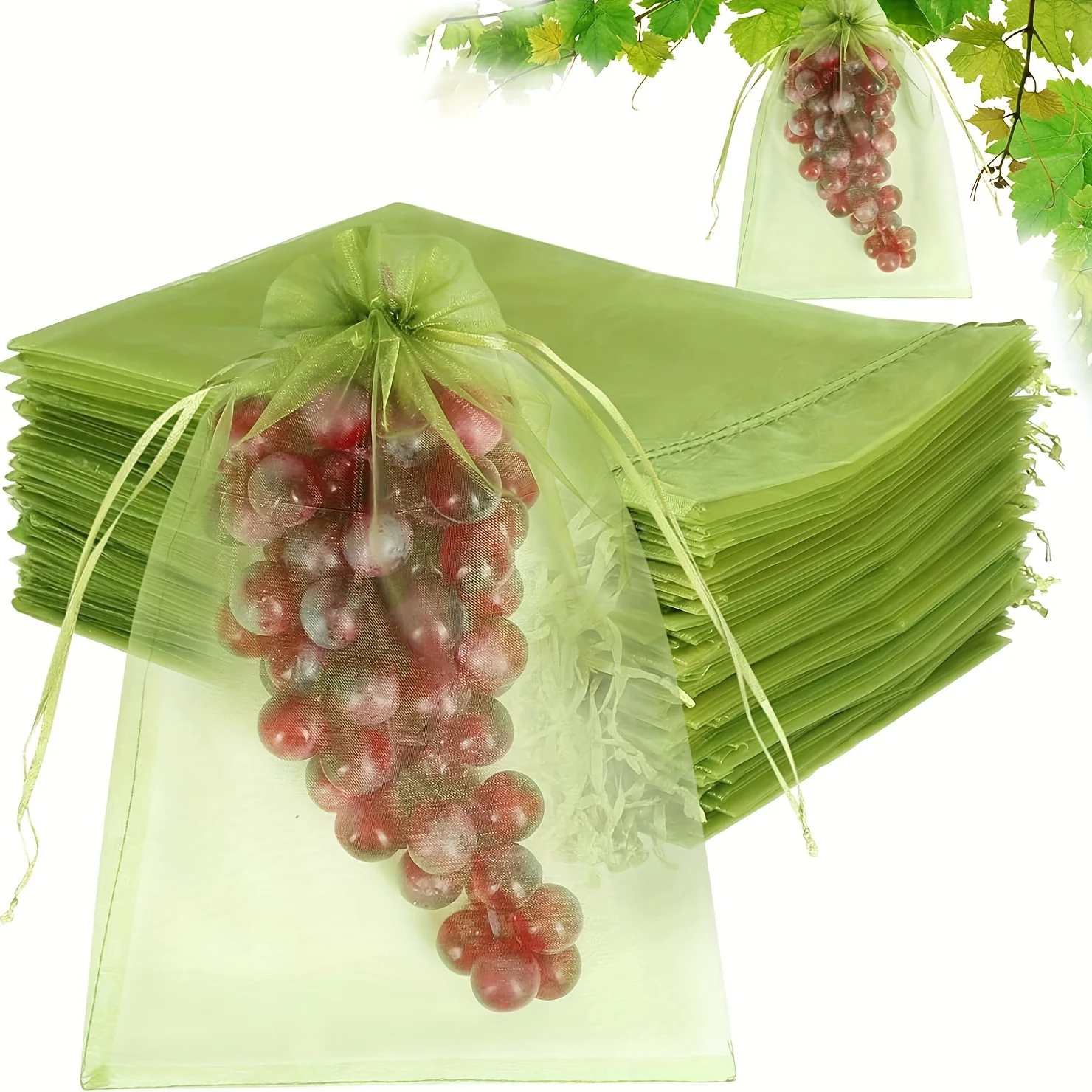 50pcs Fruit Protection Bags, White/Green Netting Pouch With Drawstring, Garden Fruit Cover Mesh Bag, Fruit Protectors