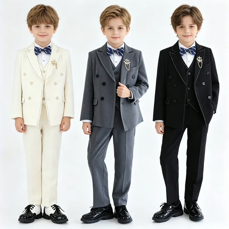 Boys Double Breasted Formal Suit Contrast Stitch Blazer Vest Pants Bow Kids Flower Boy Wedding Birthday Performance Outfit 3-12Y