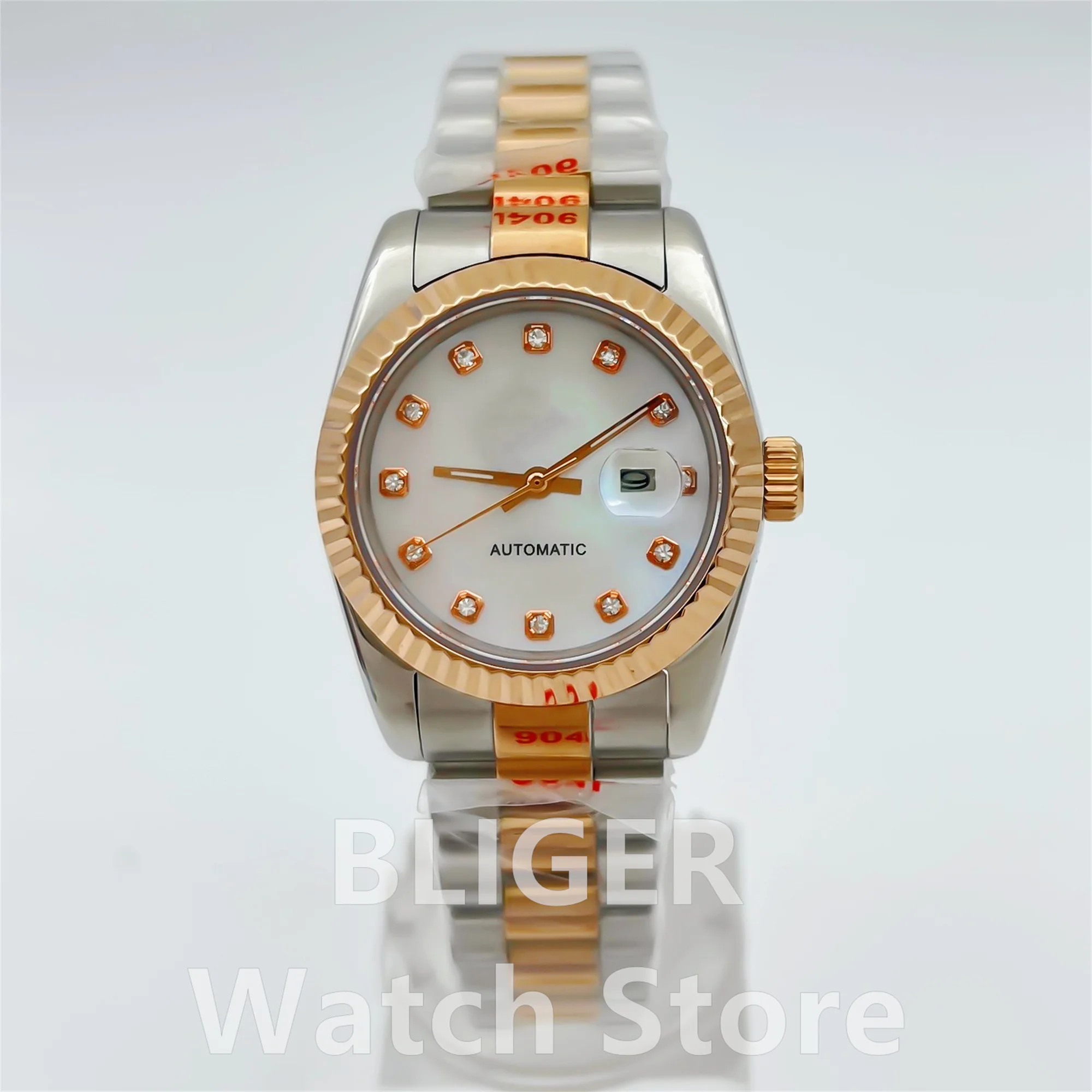 BLIGER 31mm Two Tone Rose Gold Mechanical Lady Watch NH05 Movement Curved Fluted Bezel Rose Gold/Pearl Shell Dial Sapphire Glass