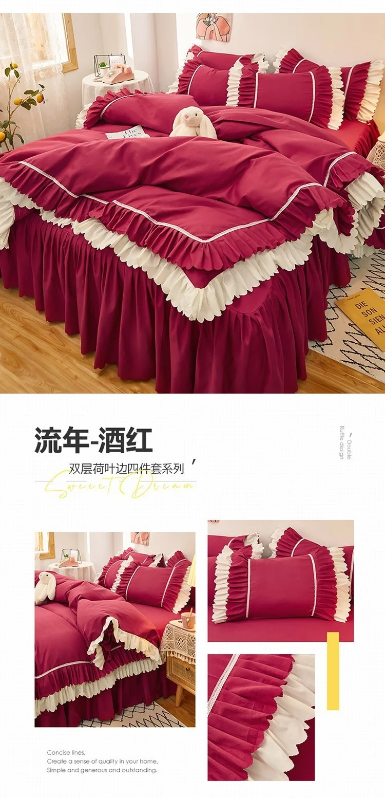 Rosa Spitze Rüschen Bettwäsche Set Luxus Bett Rock Blatt Tagesdecke Koreanische Bettbezug Mädchen Prinzessin Bettdecke Kissenbezüge – Detail 22