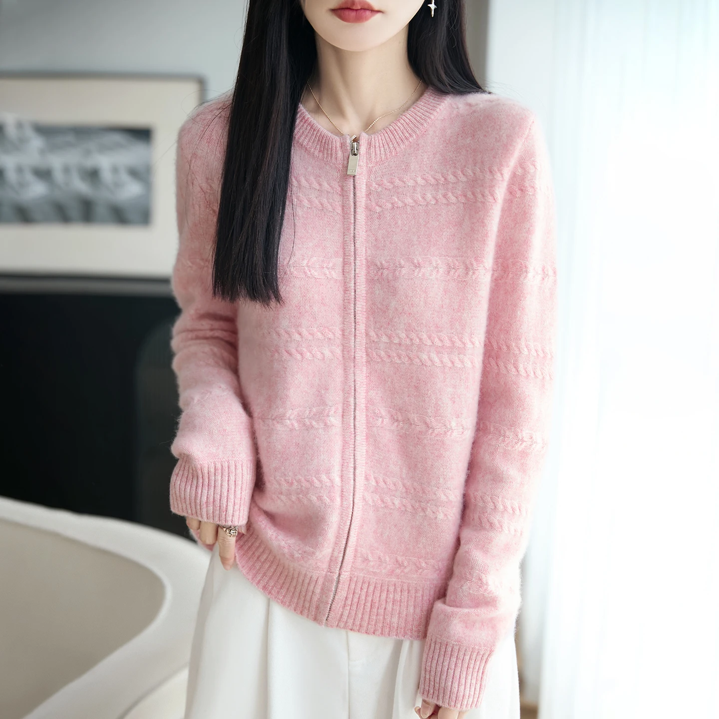 Autumn and winter new 100% pure wool knitted cardigan women's round-neck zipper sweater coat wool sweater versatile knitwear