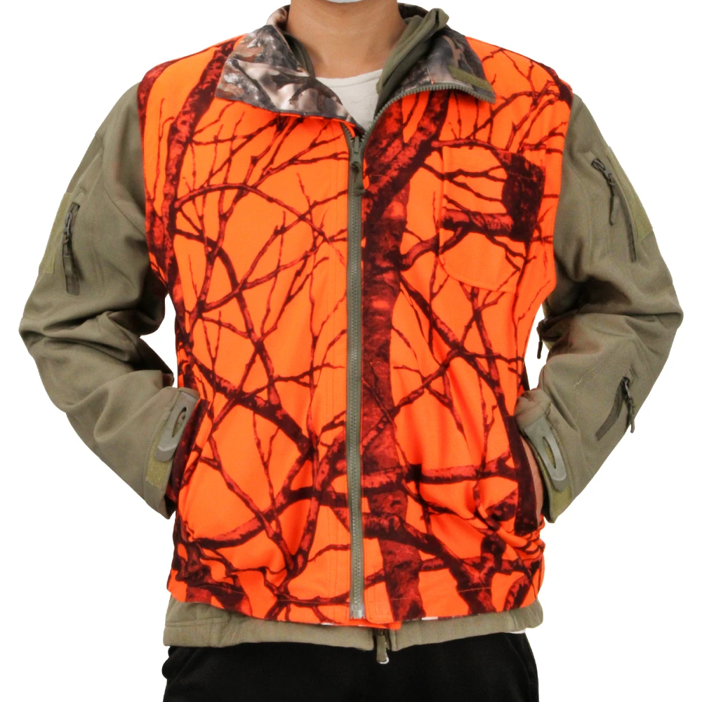 GUGULUZA M-4XL Orange Camo Hunting Vest for Men, Fleece Game Reversible Waistcoat Sleeveless Jacket Outdoor Camouflage Clothing