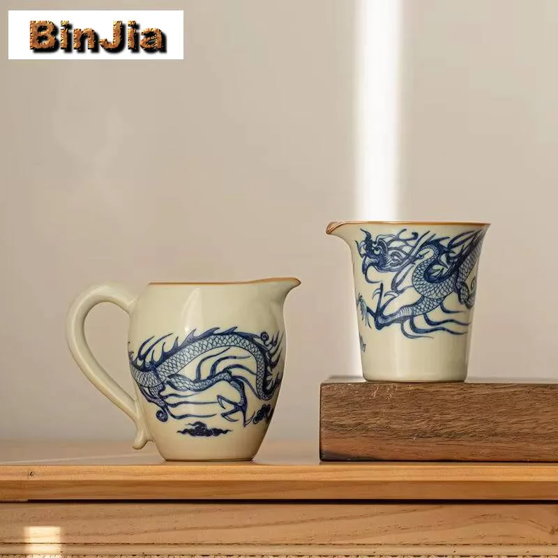 

Handmade Ru Kiln Porcelain Tea Pitcher Blue And White Dragon Pattern Fair Cup Cha Hai Justice Services Craft Supplies Drinkware