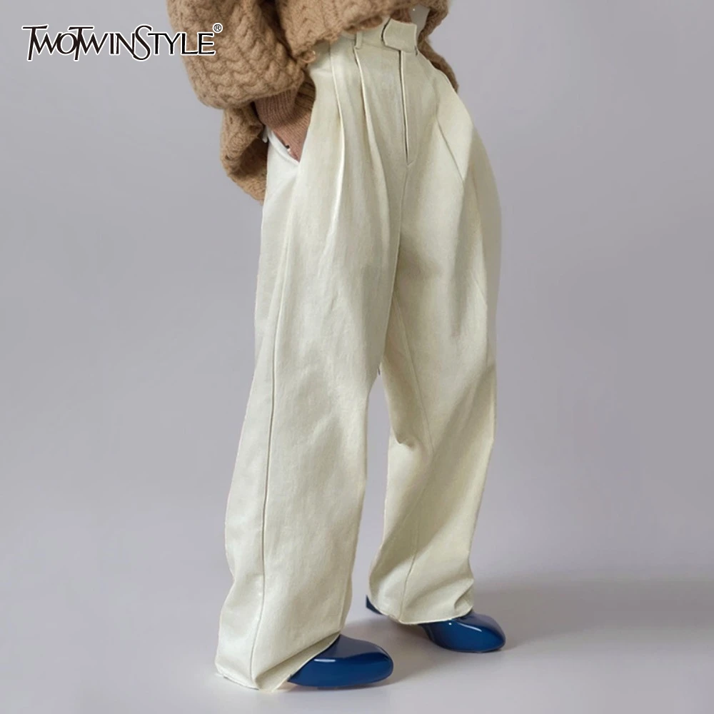 

TWOTWINSTYLE Solid Loose Casual Pants for Women High Waist Temperament Minimalist Wide Leg Pant Female Fashion