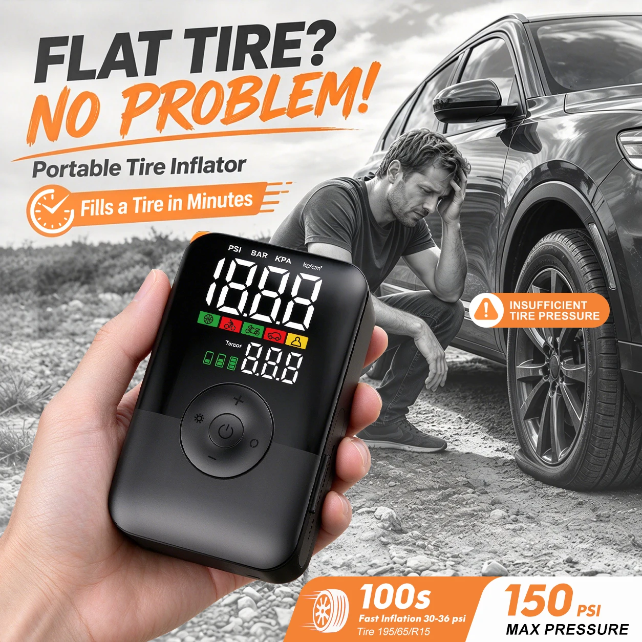 CARSUN Emergency Cordless Tire Inflator 150PSI Portable Air Compressor 4000mAh Digital Fast Inflation LED for Car Motorcycle CE
