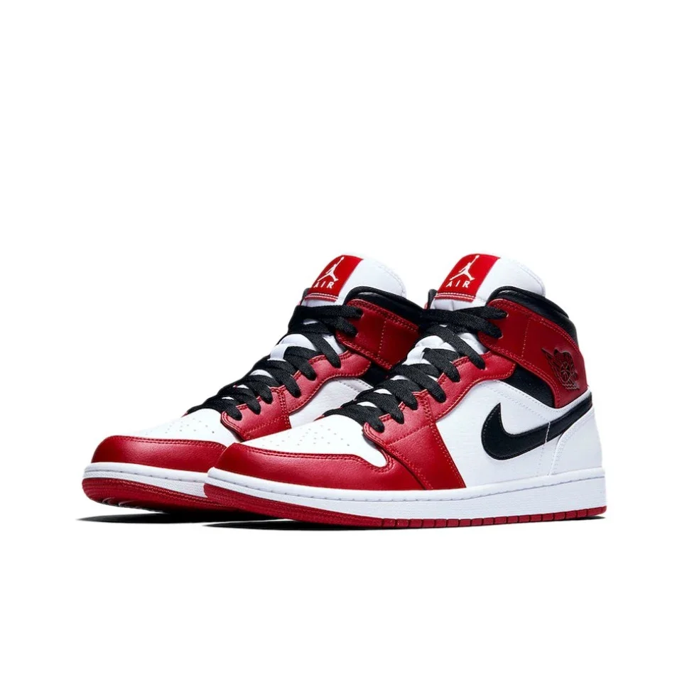 Original air jordan 1 mid 'chiquago' vermelho e branco para homem clássico retro tênis de basquete 554724 -173