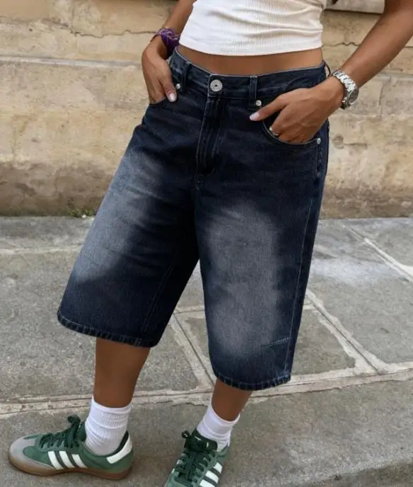 

Retro wide leg denim cropped pants for women in summer, high waisted loose denim straight leg pants