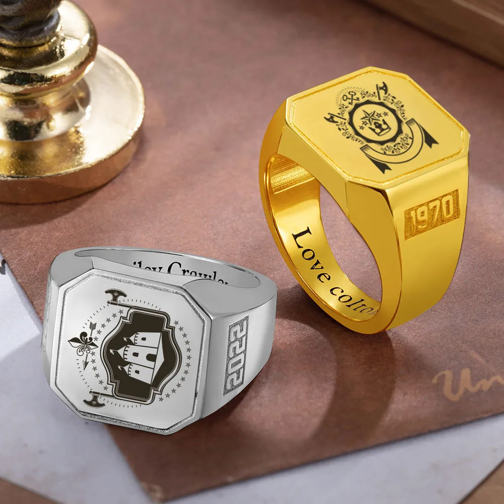 UONNEY Dropshipping Custom Championship Signet Circle Ring Family Crest 3 Kinds Rings Silver Gold Plated College Graduation Gift