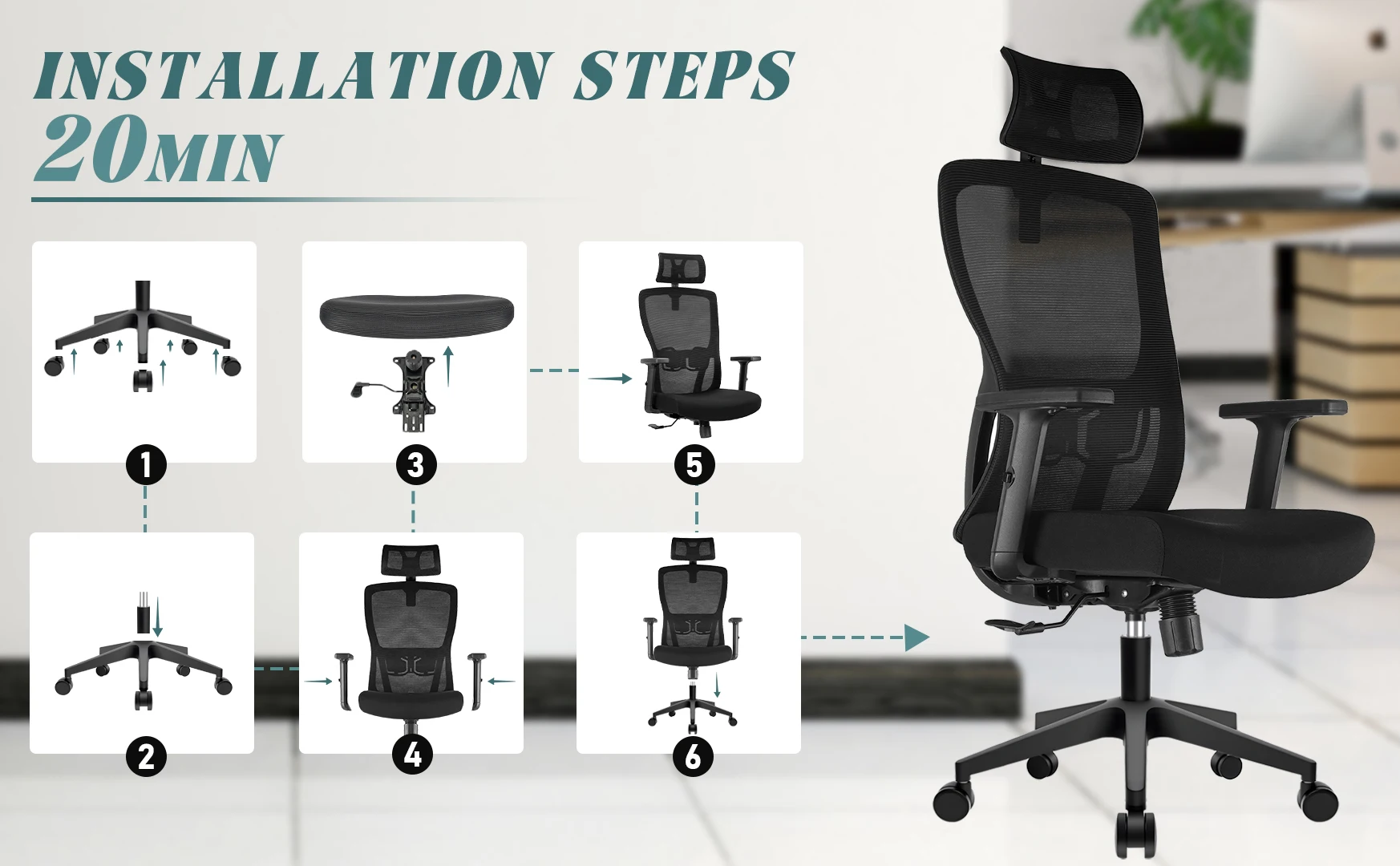 Durrafy Ergonomischer Bürostuhl, Schreibtischstuhl mit verstellbarer Kopfstütze, Armlehnen und Lendenwirbelstütze, drehbare Netzstühle, Schwarz – Detail 4