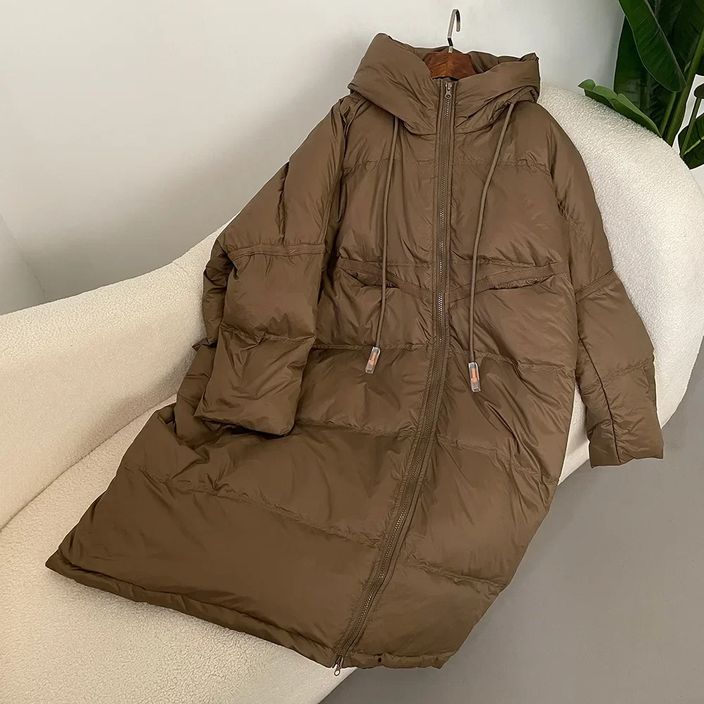 Donsjack Damesmode 2025 Herfst Winter Dikke lange witte eendendonsjas Warme grote losse donsjack met capuchon voor dames