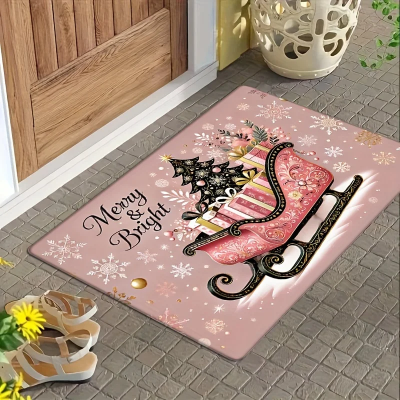 VIKAMA Welcome Doormat for Kitchen Laundry Room Christmas Gold Snowflak Pink Stripe Washable Non-Slip Floor Mat for Home Decor
