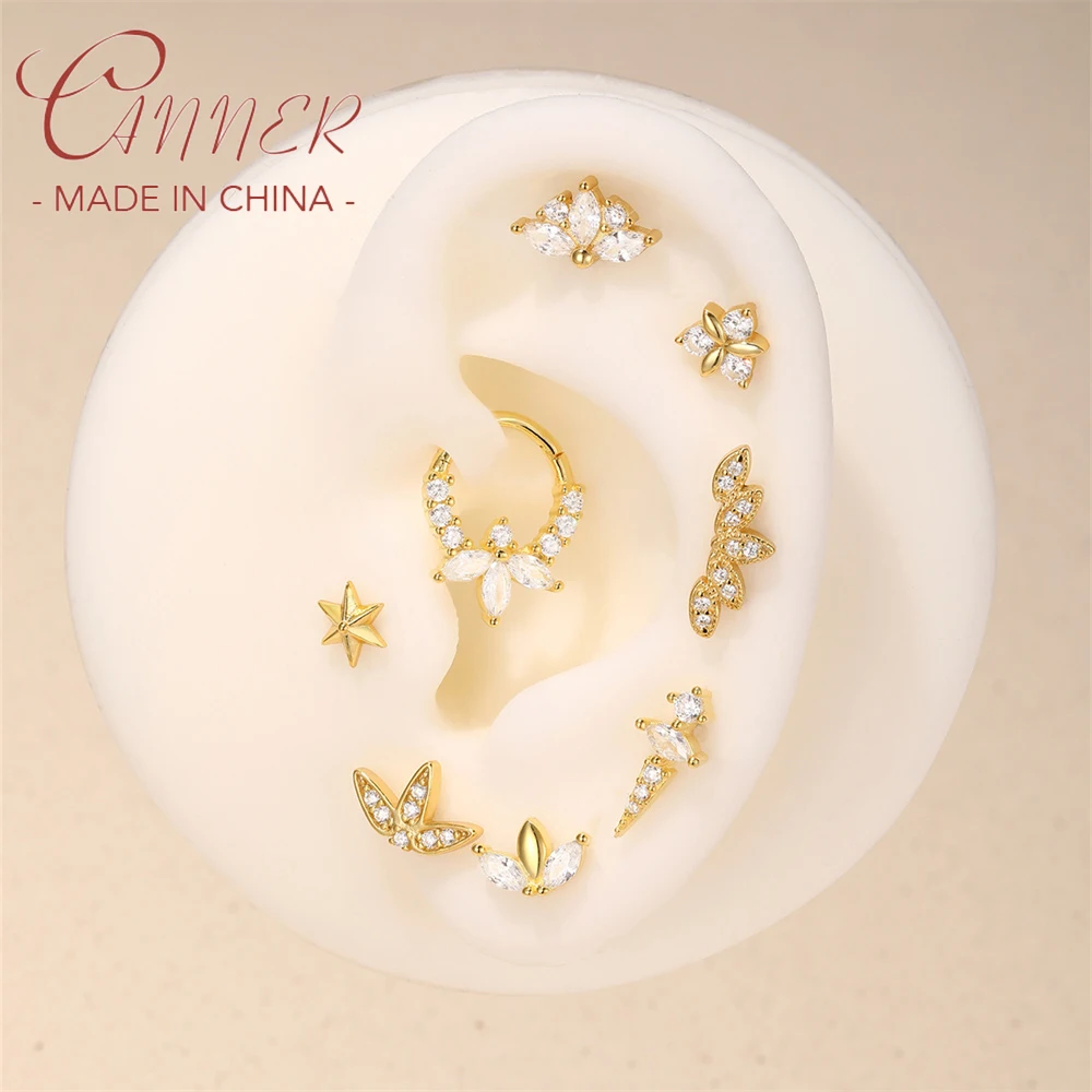 CANNER 1PC 925 Silver Simple Horse Eye Geometric Flat Bottomed Puncture Stud Earrings For Women 18K Gold Ins Compact Jewelry