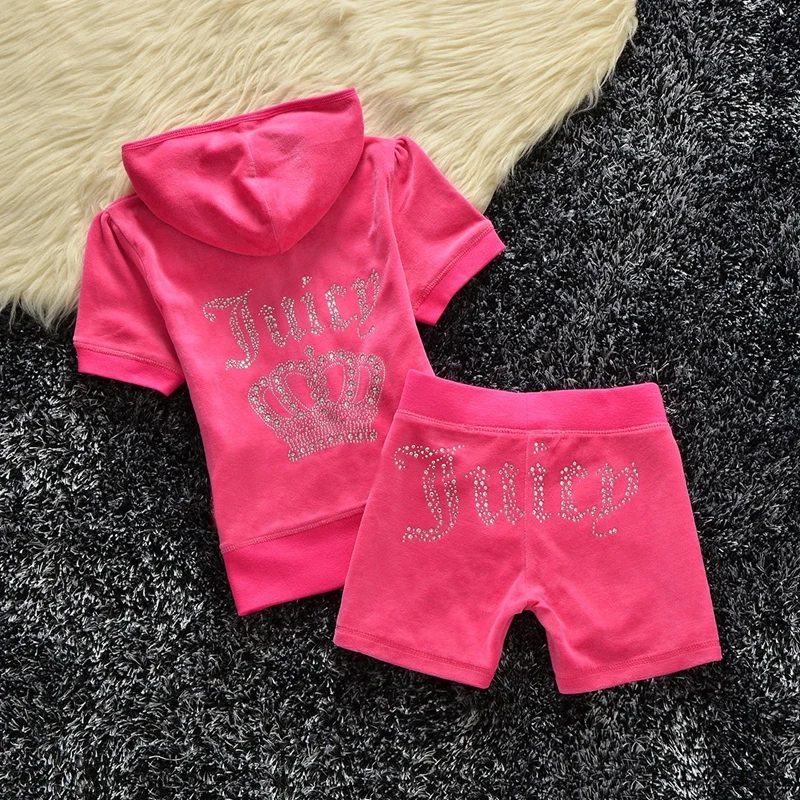 JUICY-Fato de treino de veludo feminino, jaqueta com capuz de strass, conjuntos curtos, casual, outono, inverno, Y2K, novo, 2024