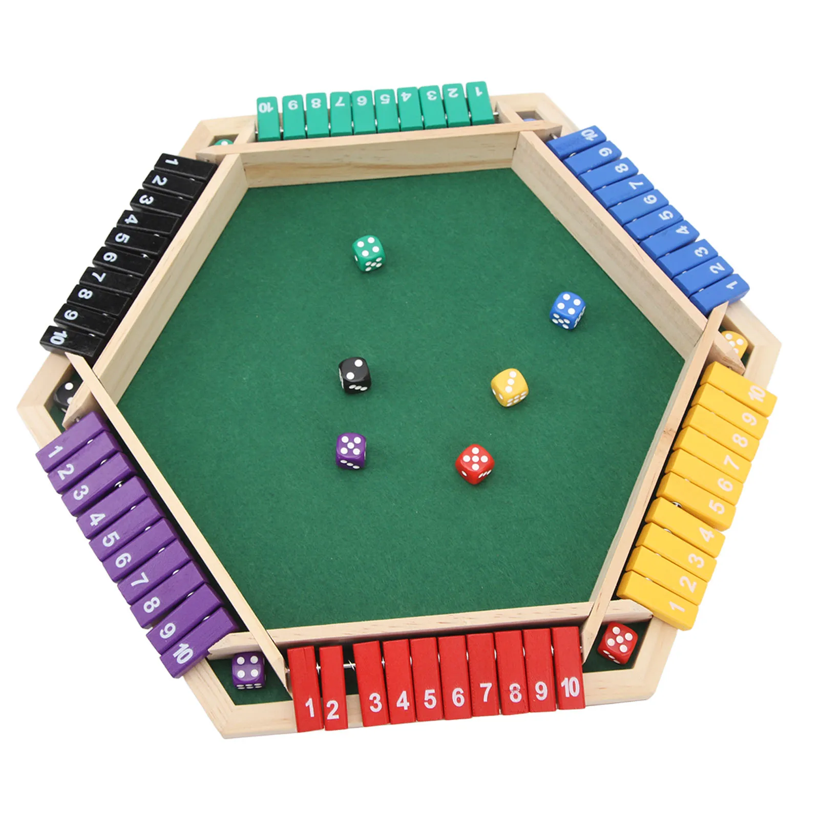 ZK20 Shut The Box Juego de dados 6 jugadores Juego de mesa de madera de 6 caras de colores Shut The Box con 12 dados